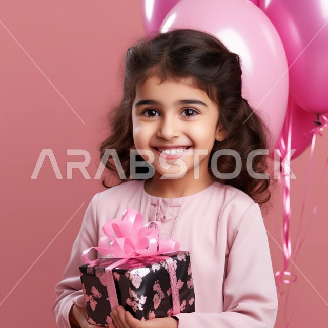 إيماءات وجه ويدين تدل على الفرح والسعادة بالهدايا و التهنئات، مناسبات وأعياد ومفاجآت سعيدة, فرحة الأطفال بهدية العيد، بورتريه مقرب لطفلة عربية سعودية خليجية تنظر الى الكاميرا بابتسامة تحمل بيديها علبة ملونة، خلفية وردية