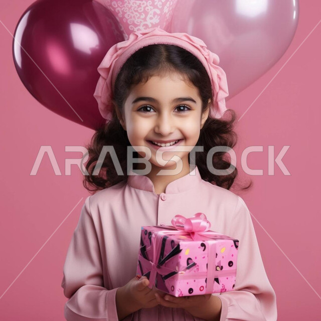Happy occasions, holidays and surprises, children’s joy at the Eid gift, facial and hand gestures indicating joy and happiness with gifts and congratulations, close-up portrait of a Saudi Arabian Gulf girl looking at the camera with a smile, holding a colored box in her hands, pink background.