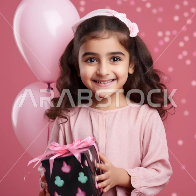 أعياد ومناسبات ومفاجآت سعيدة, فرحة الأطفال بهدية العيد، إيماءات وجه ويدين تدل على الفرح والسعادة بالهدايا و التهنئات، بورتريه مقرب لطفلة عربية سعودية خليجية تنظر الى الكاميرا بابتسامة تحمل بيديها علبة ملونة، خلفية وردية