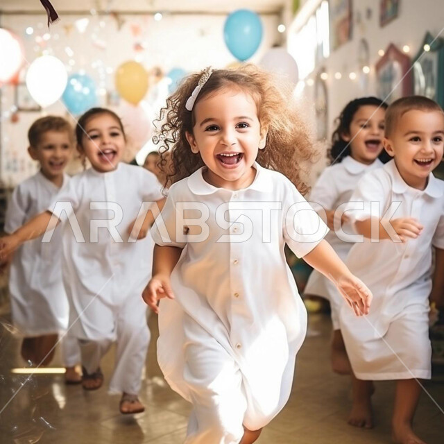 بهجة وفرحة الأطفال بقدوم العيد, الاستمتاع مع الأخوة والأصدقاء بإيماءات البشاشة والسرور, أعياد ومناسبات اسلامية سعيدة, أولاد عربيون خليجيون سعوديون يلعبون معا, لحظات ممتعه مليئة بالسعادة و الفرح، الاكسسوارات والزينة المضيئة