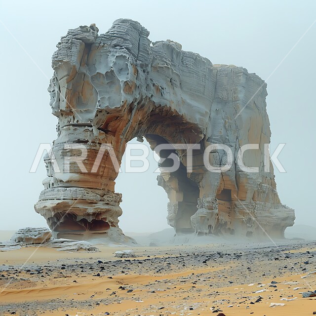 Natural sandstone rock formation in a desert, rock formations formed by weather factors, attracting tourists from all over the world, tourist places and attractions, natural historical monuments in the Kingdom of Saudi Arabia