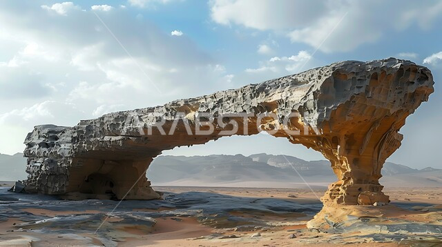 Natural sandstone rock formation in a desert, rock formations formed by weather factors, attracting tourists from all over the world, tourist places and attractions, natural historical monuments in the Kingdom of Saudi Arabia