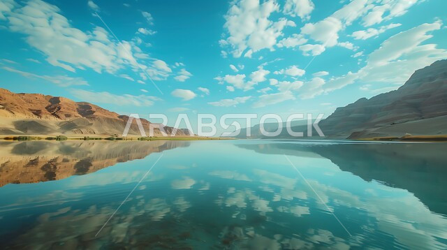 Reflection of white clouds on the lake water page, water lakes in desert areas, nature reserves in the Kingdom of Saudi Arabia, soft sand hills and dunes in the desert, recreational safari areas, view of clouds in the blue sky