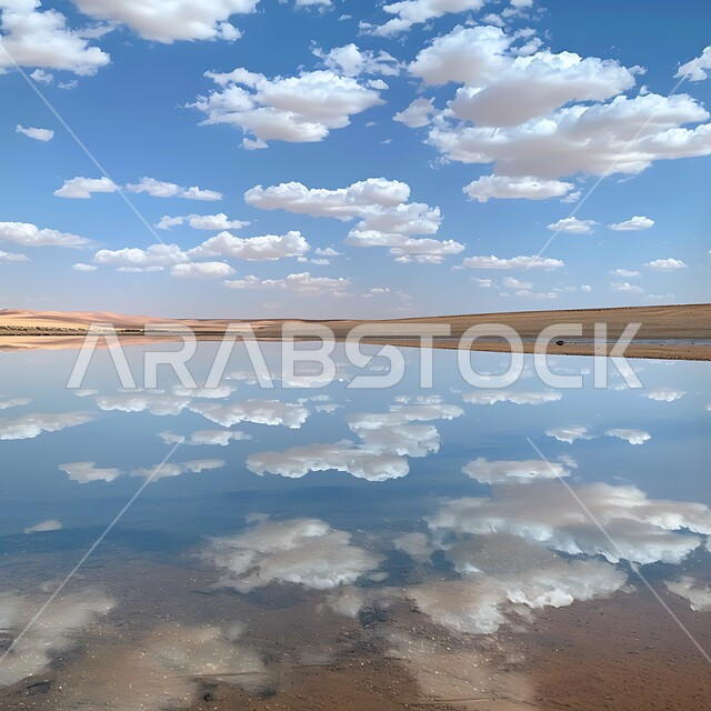 البحيرات المائية في المناطق الصحراوية، انعكاس الغيوم البيضاء على صفحة مياه البحيرة، المحميات الطبيعية في المملكة العربية السعودية، التلال والكثبان الرملية الناعمة في الصحراء، مناطق رحلات السفاري الترفيهية، منظر السحب في السماء الزرقاء، خلفية الطبيعة