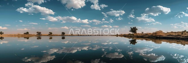 البحيرات المائية في المناطق الصحراوية، انعكاس الغيوم البيضاء على صفحة مياه البحيرة، المحميات الطبيعية في المملكة العربية السعودية، التلال والكثبان الرملية الناعمة في الصحراء، مناطق رحلات السفاري الترفيهية، منظر السحب في السماء الزرقاء، خلفية الطبيعة