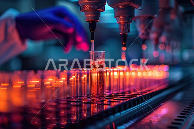 مفهوم تطور البحث العلمي, المخابر ومعامل الكيمياء في السعودية، استخدام انابيب الاختبار لإجراء التجارب والبحوث العلمية، صورة مقربة ليد مخبري عربي خليجي سعودي يقوم بفحص العينات التحليلية، القيام بالدراسات والتفاعلات الكيميائية في المختبر