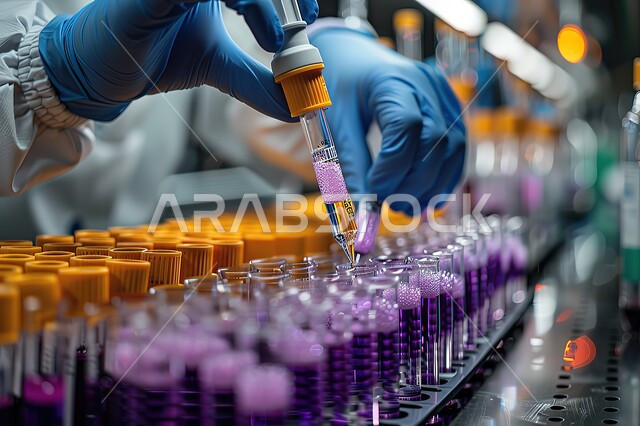 المخابر ومعامل الكيمياء في السعودية، استخدام انابيب الاختبار لإجراء التجارب والبحوث العلمية، صورة مقربة ليد مخبري عربي خليجي سعودي يقوم بفحص العينات التحليلية، القيام بالدراسات والتفاعلات الكيميائية في المختبر, مفهوم تطور البحث العلمي