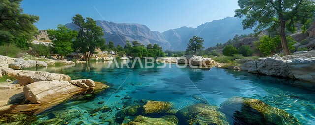  جدول ماء وسط الأراضي الطبيعية، الأشجار الخضراء على ضفاف النهر الجاري، اماكن السياحية وقضاء وقت ممتع، خلفية الطبيعة في المملكة العربية السعودية