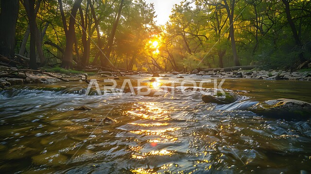 A stream of water in the middle of natural lands, a sunset scene in the forest, green trees on the banks of the flowing river, tourist places and spending a good time, nature background in the Kingdom of Saudi Arabia