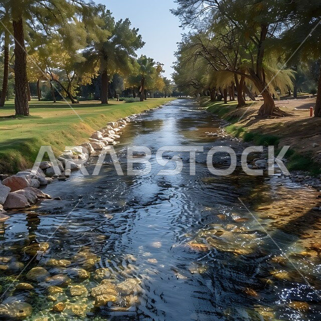  جدول ماء وسط الأراضي الطبيعية، الأشجار الخضراء على ضفاف النهر الجاري، اماكن السياحية وقضاء وقت ممتع، خلفية الطبيعة في المملكة العربية السعودية
