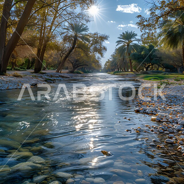 A stream of water in the middle of natural lands, green trees on the banks of the flowing river, tourist places and spending a good time, nature background in the Kingdom of Saudi Arabia