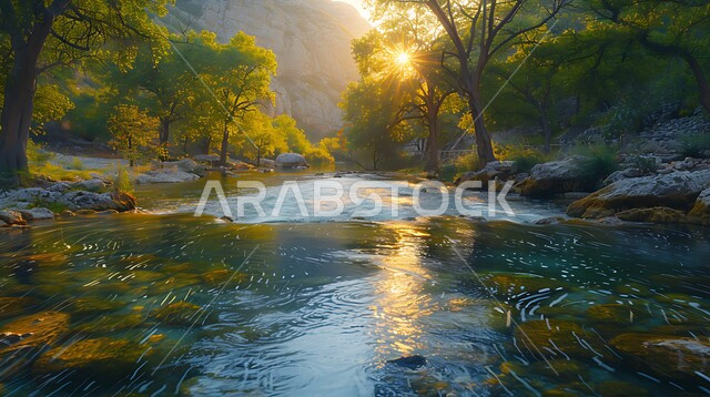  جدول ماء وسط الأراضي الطبيعية، مشهد غروب الشمس في الغابة، الأشجار الخضراء على ضفاف النهر الجاري، اماكن السياحية وقضاء وقت ممتع، خلفية الطبيعة في المملكة العربية السعودية
