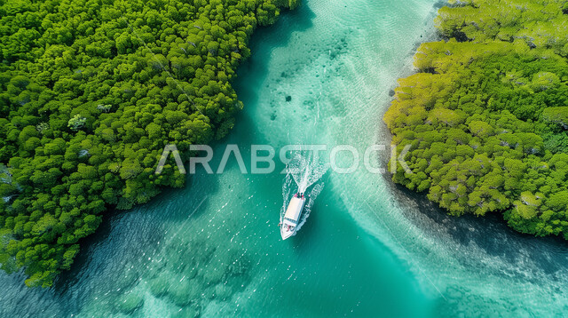 Entertainment and entertainment areas and spending a good time, a view of the blue waters in the sea of Farasan Island in Jizan in the Kingdom of Saudi Arabia, an overhead aerial photo of a boat sailing on the shore of the Red Sea in the middle of the forests, a luxury tourist destination in Saudi Arabia, a nature background