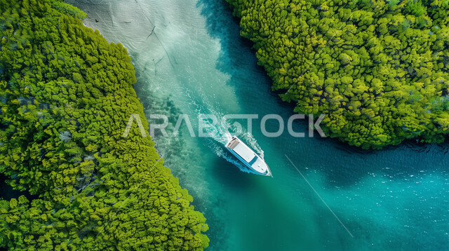 مناطق التسلية والترفيه وقضاء الوقت الممتع, منظر المياه الزرقاء في بحر جزيرة فرسان في جازان في المملكة العربية، صورة جوية علوية لقارب يبحر على شاطئ البحر الأحمر وسط الغابات، وجهة سياحية فاخرة في السعودية، خلفية الطبيعة