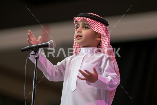 ايماءات وجه ويدين مختلفة، الاهتمام بتنمية مواهب الاطفال، صورة مقربة لطفل عربي خليجي سعودي يرتدي الثوب التقليدي والشماغ يحمل بيده مايكرفون يقوم بالغناء، اداء العروض المسرحية