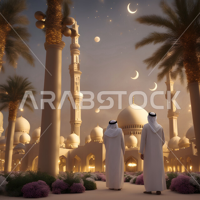 أجواء الأعياد والمناسبات الاسلامية في المملكة العربية السعودية, فرحة المسلمين بقدوم العيد السعيد, صورة من الخلف لرجلين عربيين خليجيبن سعوديين يرتديان الزي التقليدي يقومان بالذهاب إلى المسجد لأداء صلاة العيد, خلفية دينية