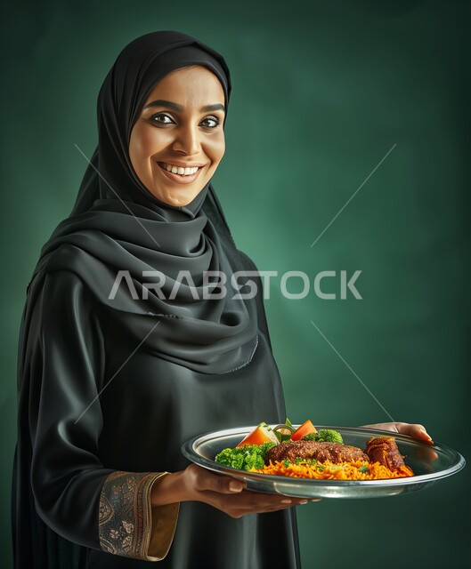 Gestures of happiness and pleasure, the arts of preparing meals, delicious oriental foods and cuisine, attention to external appearance, a close-up portrait of a veiled Saudi Gulf Arab woman wearing a black abaya, holding a plate of food in her hand, green background