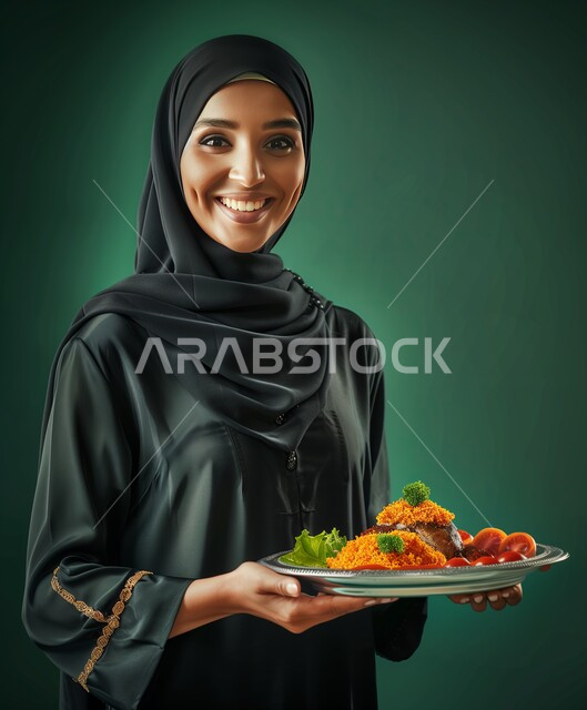 النظر غلى الكاميرا بايماءات السعادة والسرور، فنون اعداد وتحضير الوجبات، الأطعمة والمأكولات الشرقية الشهية، الاهتمام بالمظهر الخارجي، بورتريه مقرب لامرأة عربية خليجية سعودية محجبة ترتدي عباءة سوداء تحمل بيدها طبق طعام، خلفية خضراء