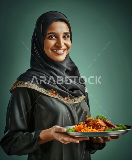 الأطعمة والمأكولات الشرقية الشهية، الاهتمام بالمظهر الخارجي، بورتريه مقرب لامرأة عربية خليجية سعودية محجبة ترتدي عباءة سوداء تحمل بيدها طبق طعام، فنون اعداد وتحضير الوجبات، خلفية خضراء