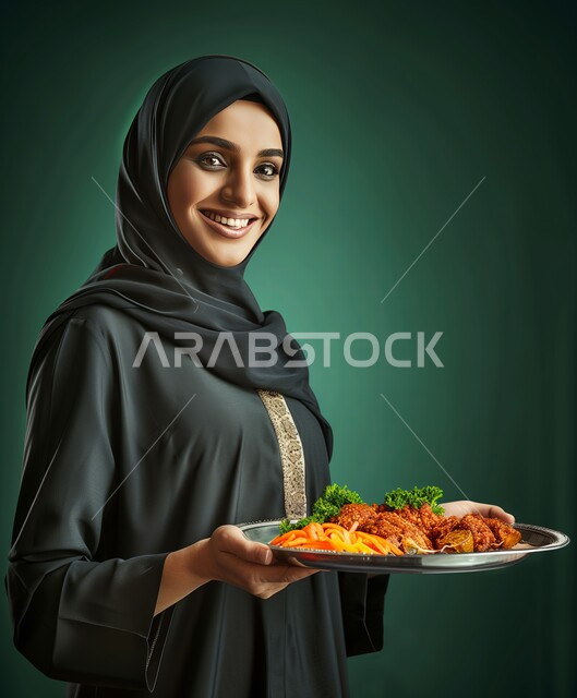 Attention to external appearance, close-up portrait of a veiled Saudi Arabian Gulf woman wearing a black abaya, holding a plate of food in her hand, delicious oriental foods and cuisine, the arts of preparing meals, green background