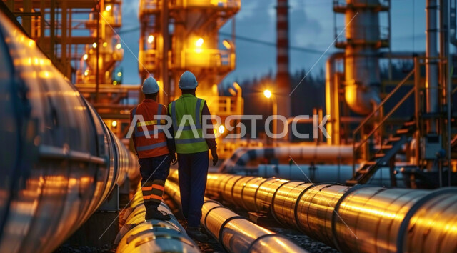 مهن ووظائف سعودية، صورة من الخلف لمهندسين عربين خليجين سعوديين يرتديان الخوذة وسترة الحماية يسيران في مصنع تكرير النفط، مفهوم إنتاجية الغاز في المملكة العربية السعودية, متابعة سير الاعمال في المصانع