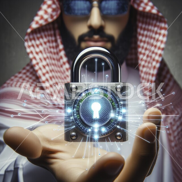 The concept of development, technical progress and cybersecurity, a close-up picture of the hands of a Saudi Gulf Arab employee wearing a shemagh and traditional thobe holding a lock icon, icons of the Internet and servers, integrating technology and modern techniques at work
