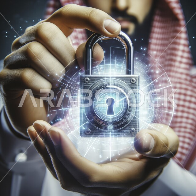 The concept of development, technical progress and cybersecurity, a close-up picture of the hands of a Saudi Gulf Arab employee wearing a shemagh and traditional thobe holding a lock icon, icons of the Internet and servers, integrating technology and modern techniques at work