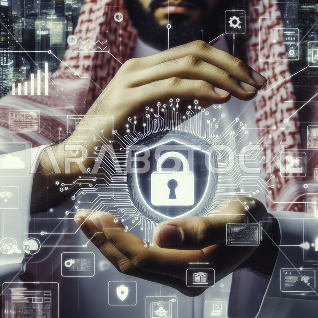 The concept of development, technical progress and cybersecurity, a close-up picture of the hands of a Saudi Gulf Arab employee wearing a shemagh and traditional thobe holding a lock icon, icons of the Internet and servers, integrating technology and modern techniques at work