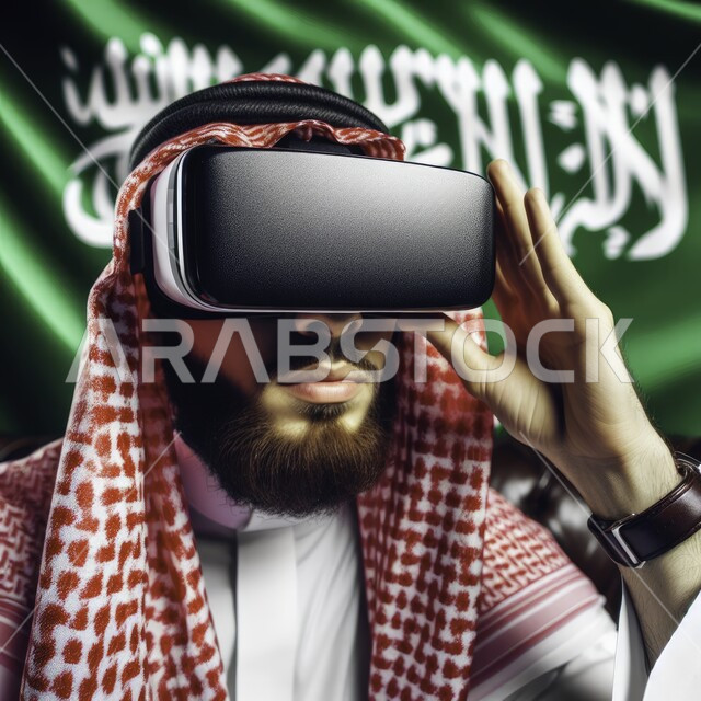 Interaction and integration with virtual reality, the concept of development and technical progress, a close-up image of a Saudi Gulf Arab employee wearing a shemagh, traditional thobe, and 3D glasses, integrating technology and modern techniques at work, background of the Kingdom’s flag