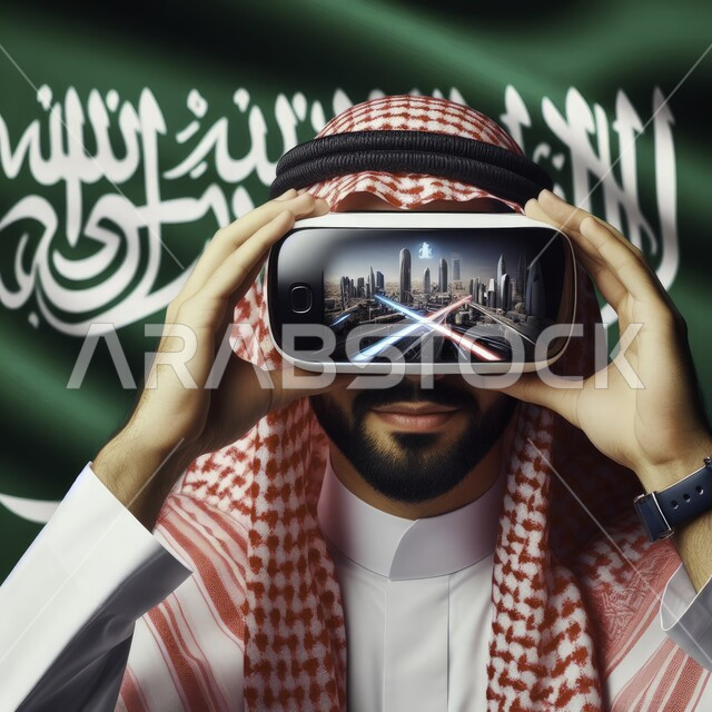 Interaction and integration with virtual reality, the concept of development and technical progress, a close-up image of a Saudi Gulf Arab employee wearing a shemagh, traditional thobe, and 3D glasses, integrating technology and modern techniques at work, background of the Kingdom’s flag