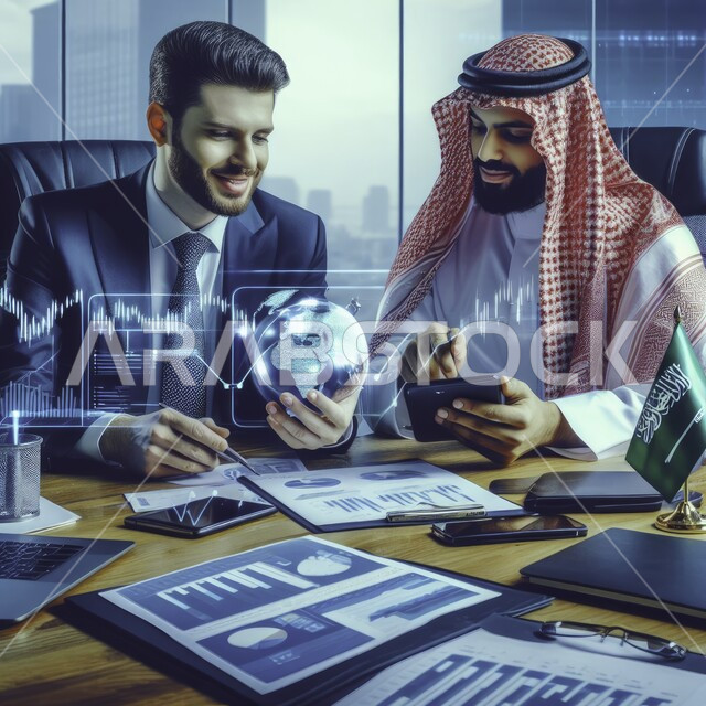 Integrating technology and modern techniques into work, achieving the company’s goals, the concept of development and technical progress, two Saudi and Gulf Arab employees sitting in the conference room working in the data center, icons of the Internet and servers