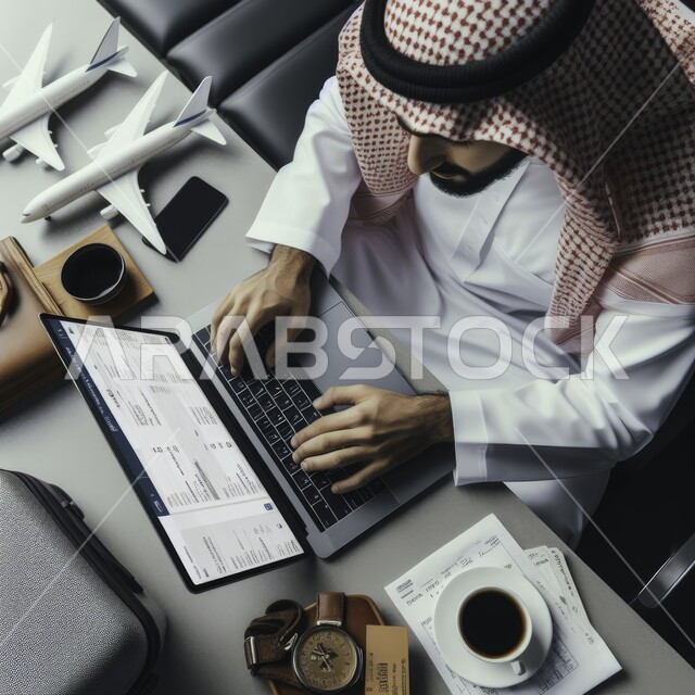 مفهوم متابعة وتطوير الأعمال، رجل اعمال عربي خليجي سعودي يرتدي الشماغ والثوب التقليدي يستخدم جهاز الحاسوب المحمول يعمل في شركة طيران، انجاز المهام المكتبية، تحقيق اهداف الشركة، الخطوط الجوية السعودية