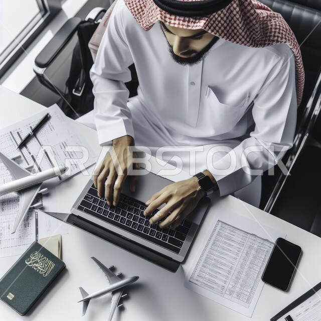 مفهوم متابعة وتطوير الأعمال، رجل اعمال عربي خليجي سعودي يرتدي الشماغ والثوب التقليدي يستخدم جهاز الحاسوب المحمول يعمل في شركة طيران، انجاز المهام المكتبية، تحقيق اهداف الشركة، الخطوط الجوية السعودية