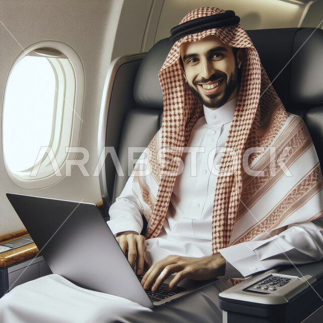 The concept of remote work, a smiling Saudi Arabian Gulf businessman wearing a shemagh and traditional thobe, sitting inside the plane, using the laptop with gestures of joy and pleasure, completing office tasks, achieving the company’s goals, integrating technology and techniques to follow up and develop the business