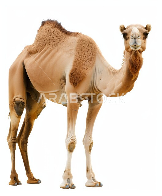 Purebred dromedary, camel and camel breeding in the Kingdom of Arabia, ancient means of transportation, desert ship with a hump, white background