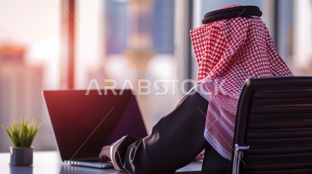 دمج العمل مع التقنية والتكنولوجيا، مهن ووظائف ادارية مكتبية، إدارة شؤون الأعمال وتنظيمها عبر الاجهزة التقنية، صورة مقربة من الخلف لرجل اعمال عربي خليجي سعودي يعمل على الحاسوب المحمول داخل المكتب