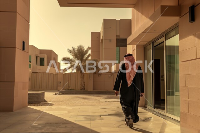 The development and progress of construction and construction in Saudi Arabia, a picture from the back of a Saudi Gulf Arab man wearing the traditional dress and the shemagh walking next to a building.