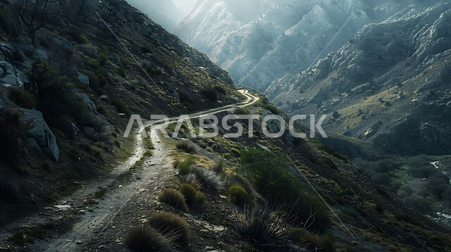 التكوينات و التشكيلات الصخرية للجبال في السعودية، الاعشاب والنباتات البرية على القمم والمرتفعات الجبلية، ممر جبلي متعرج، المناظر الطبيعية في المملكة العربية