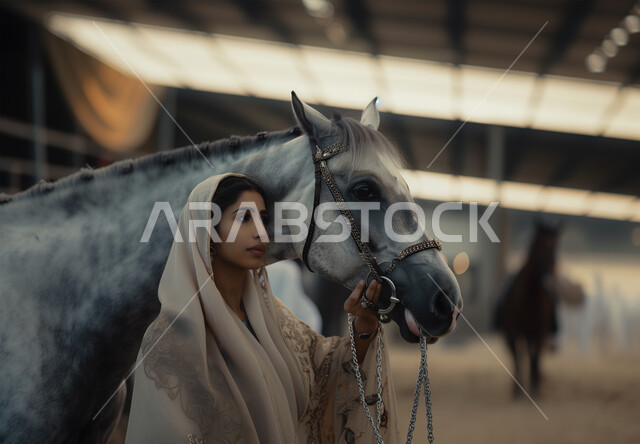 اسطبلات ومحميات طبيعية لرعاية الأحصنة، حب الفروسية وهواية ركوب الخيل، توارث محبة الخيول بين أبناء الوطن، اتباع تقاليد الأجداد في تربية الجياد العربية الأصيلة، امرأة عربية خليجية سعودية محجبة بجانب حصان رمادي أصيل