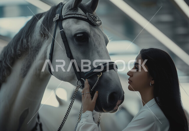 مفهوم الفروسية وهواية ركوب الخيل، امرأة عربية خليجية سعودية تداعب فرس رمادي, إرث الأجداد في رعاية وتربية الخيول، قوة وأصالة الجياد العربية، حب وشغف السعوديين بالأحصنة الأصيلة