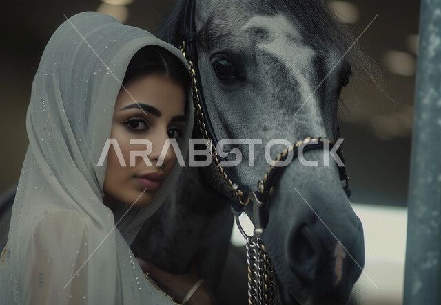 اتباع تقاليد الأجداد في رعاية وتربية الجياد العربية الأصيلة، مفهوم الفروسية وهواية ركوب الخيل، صورة مقربة لامرأة عربية خليجية سعودية محجبة بجانب فرس رمادي أصيل, إرث الأجداد في رعاية وتربية الخيول