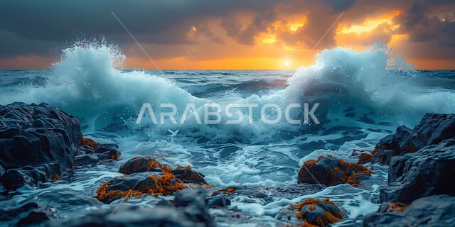 Landscapes in Saudi Arabia, a close-up of sea waves crashing on beach rocks at sunset, tourist coastal places to spend a good time, stone formations and formations in the seas and oceans, a view of clouds in the sky, nature background