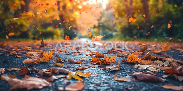 ممشى بين الشجر الاخضر في احدى الحدائق، صورة مقربة لاوراق الاشجار الصفراء في فصل الخريف، تساقط الورق على الشوارع والطرق الازفلتية المعبدة، الأجواء والمناظر الخريفية في الغابات، الطبيعة في المملكة العربية السعودية