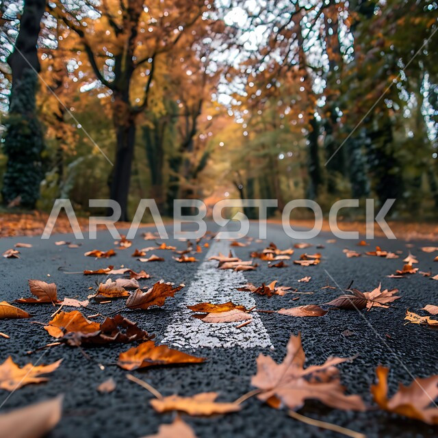 ممشى بين الشجر الاخضر في احدى الحدائق، صورة مقربة لاوراق الاشجار الصفراء في فصل الخريف، تساقط الورق على الشوارع والطرق الازفلتية المعبدة، الأجواء والمناظر الخريفية في الغابات، الطبيعة في المملكة العربية السعودية