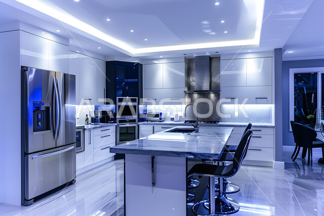 Kitchen with modern interior decorations and designs, distinguished architectural arts, apartments and residential houses in Saudi Arabia, using modern artistic style in home furniture