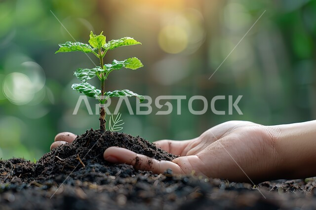 زراعة الشتلات الصغيرة, مزارع وحقول المملكة العربية السعودية, صورة مقربة ليد رجل عربي خليجي سعودي يحمل النبات الصغير, مفهوم الزراعة والتربة الخصبة, خلفية الطبيعة