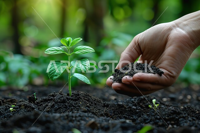 زراعة الشتلات الصغيرة, مزارع وحقول المملكة العربية السعودية, صورة مقربة ليد رجل عربي خليجي سعودي يحمل النبات الصغير, مفهوم الزراعة والتربة الخصبة, خلفية الطبيعة