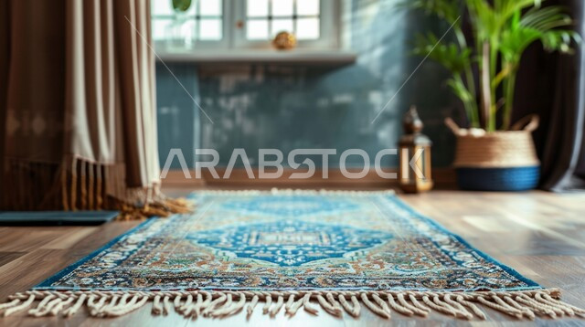 Performing obligatory prayers and prayers on time, a close-up of the prayer rug, a religious spiritual atmosphere, worship and getting closer to God Almighty, quiet Islamic sessions