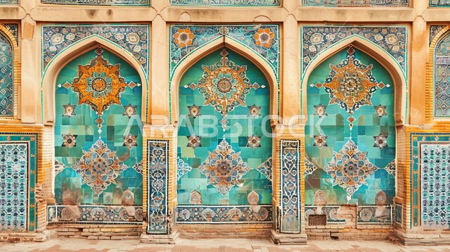 الأقواس والزخارف على الجدران في مساجد المملكة العربية السعودية, تصاميم وديكورات ونقوش ذهبية دينية, الفن الهندسي المعماري على الطراز العصري الحديث لبناء أماكن العبادة والتقرب إلى الله تعالى، خلفية إسلاميه