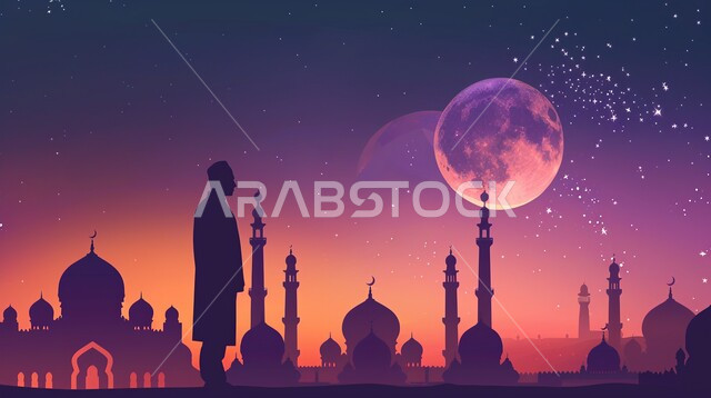 رسومات وتصاميم دينية, أجواء روحانية رمضانية, الذهاب إلى الجامع للعبادة والتقرب إلى الله بالعمل الصالح، ليالي شهر رمضان المبارك، خلفية اسلامية